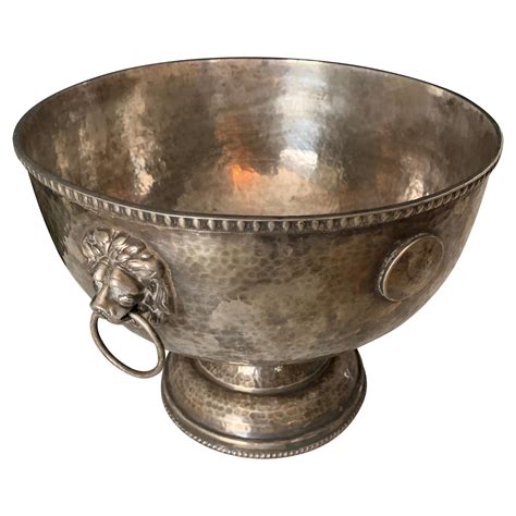 Hammered Silver Plate Bowl With Medallions And Lion Handles For Sale At