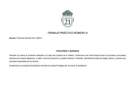 Tp4 Tpo4 Concursos Y Quiebras Trabajo PrÁctico NÚmero 4 Alumno