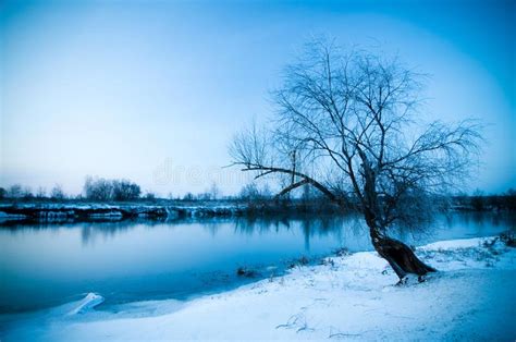 Frozen River In Winter Covered With Snow Beautiful Lake Landscape In