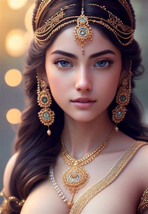 A Beautiful Woman With Blue Eyes Wearing Gold Jewelry And Headpieces On