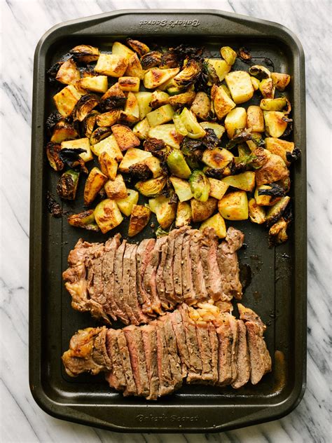 Kosher salt, 1 large red onion, halved, sliced into 1/4 strips, 3 large bell peppers, preferably mixed colors, sliced into 1/2 strips, 1 lb. Sheet Pan Steak Dinner - Mad About Food