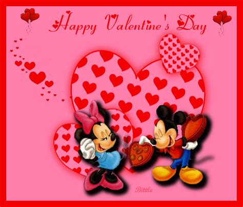 Two Mickey And Minnie Mouses In Front Of A Heart Shaped Valentines Day