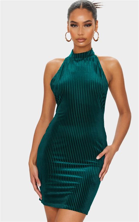 Green Velvet Rib Bodycon Dress Prettylittlething Ca