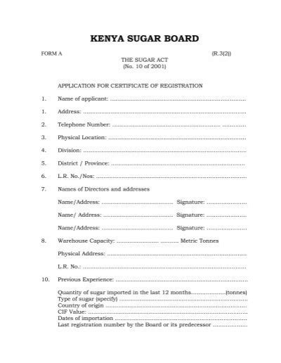 Form A Application For Certificate Of Registration Kenya Sugar Board