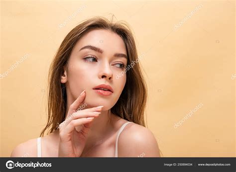 Portrait Pensive Beautiful Young Girl Holding Hand Face Isolated Beige