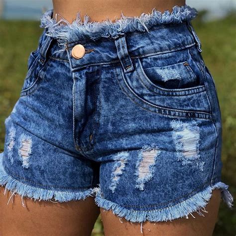 Women Sexy Distressed Ripped Holes High Waist Denim Shorts Stretch Short Jeans Tassel Short