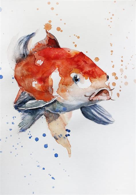 Original Watercolor Painting Koi Fish Gold Fish Sea For