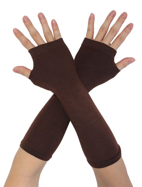 Lady Thumb Hole Stretch Wrist Arm Warmer Fingerless Gloves Pair Brown