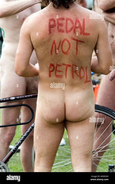 Male Nude Cyclists At The World Naked Bike Ride Brighton Stock Photo