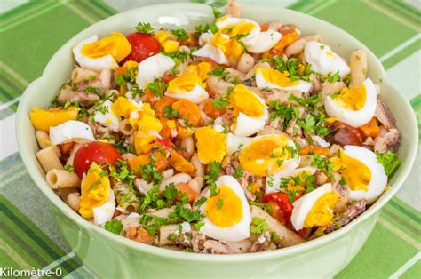 Photo de recette de salade salade composée pâtes haricots blancs sardines œufs légumes