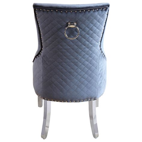 The lion head grey velvet dining chair is a stunning decorative dining chair, upholstered in a durable and attractive brushed velvet material that will make a statement in any living area. Beaumont Grey Velvet Dining Chair with Knocker