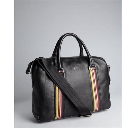 Paul Smith Black Pebbled Leather And Signature Stripe Laptop Travel Bag