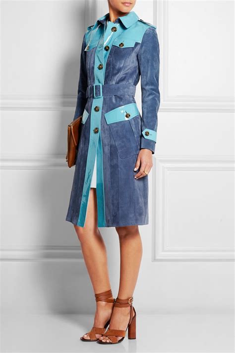 Burberry Prorsum Patent Leather Paneled Suede Trench Coat Suede