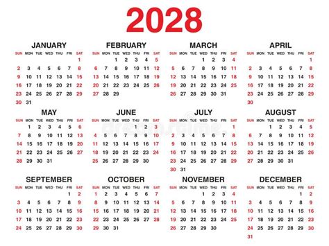 Calendário 2028 Ano Conjunto De Ilustrações Vetoriais De 12 Semanas De