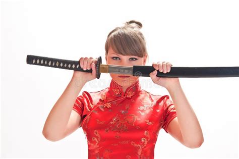 asian girl in a red dress with a katana stock image image of clothing