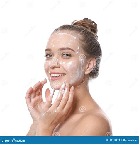 Young Woman Washing Face With Soap Stock Photo Image Of Fresh