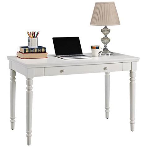 Spacious writing desk with storage • includes 3 drawers w/ decorative ring handles • scalloped corners and lightly distressed finish • aged finish will vary • home office or open concept living space • traditional to farmhouse style • soft white finish • antique bronze hardware finish • overall: Leick Farmhouse White 1-Drawer Wood Laptop Desk - #35P79 ...