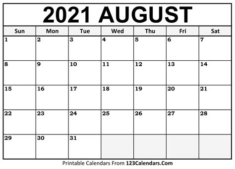 Printable August 2021 Calendar Templates