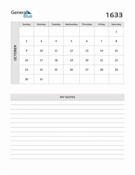 October 1633 Printable Monthly Calendar With Notes