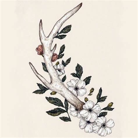 A Drawing Of An Antler With Flowers On Its Back End And Branches