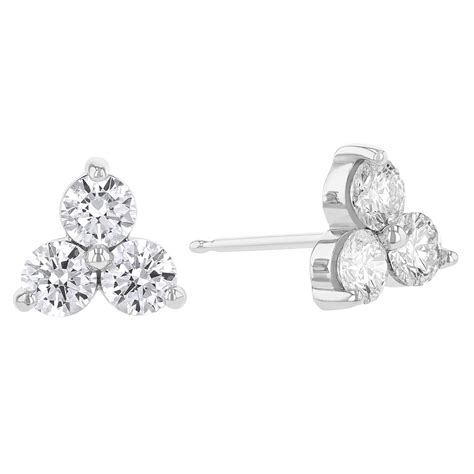 Diamond 3 Stone Cluster Triangle Stud Earrings In White Gold 91 Cttw