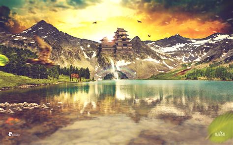 Painting Of Classic Chinese Temple On Top Of Mountain Hd Wallpaper