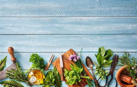 Fresh Herbs And Spices On Wooden Table Stock Image Image Of Green
