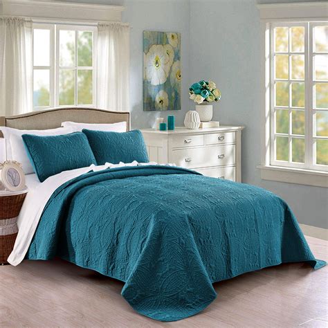 Quilt Set Full Queen Size Teal Oversized Bedspread Soft Microfiber Lightweight Coverlet For