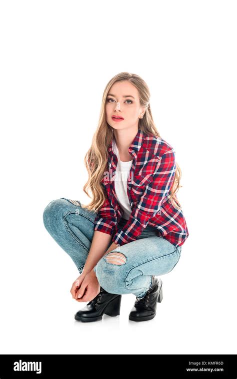 Girl In Checkered Shirt And Jeans Stock Photo Alamy
