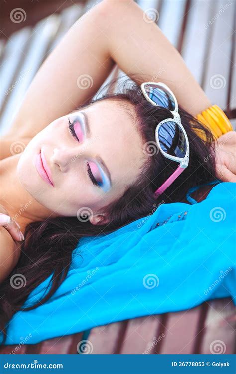 Woman Sunbathing In Bikini At Tropical Travel Resort Beautiful Young