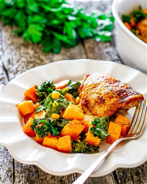 Chicken Thighs With Sweet Potatoes And Kale Bake Jo Cooks