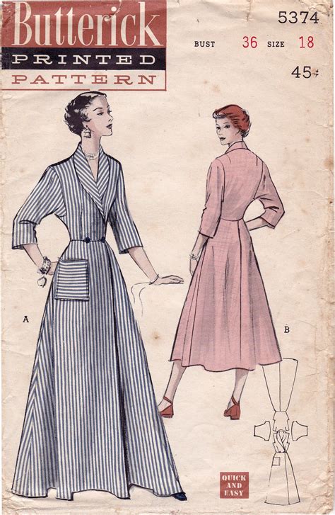 Rare 1950s Butterick 5374 Vintage Wrap Around Robe Pattern Housecoat