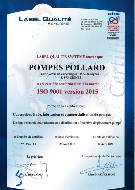 Pollard Pumps Certifications Iso Atex En15085