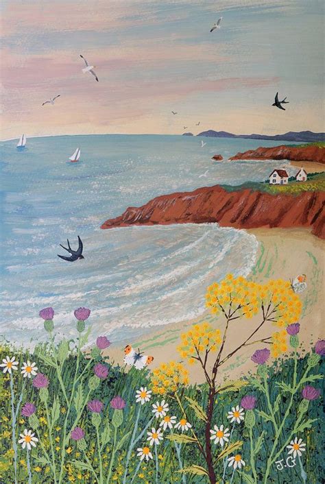 Print Of English Seaside With Flowers Swallows And Seaside Paintings