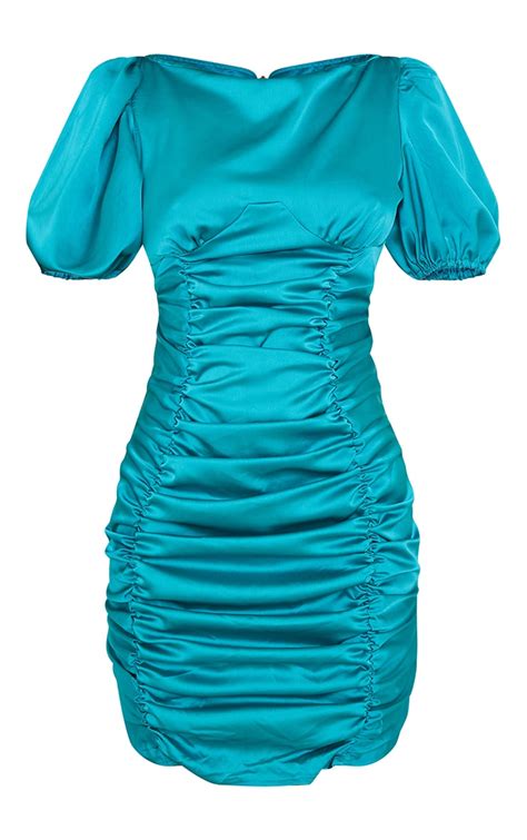 Turquoise Satin Ruched Short Sleeve Bodycon Dress Prettylittlething Usa
