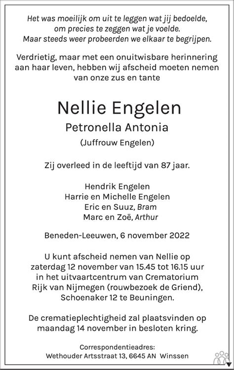 Nellie Petronella Antonia Engelen 06 11 2022 Overlijdensbericht En