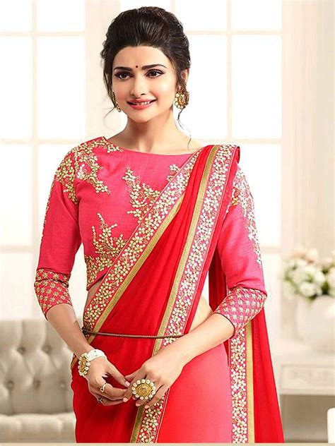 Red Embroidered Georgette Saree With Blouse Fabrica Shoppers 2217348