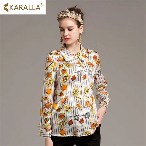 Silk Geometric Print Blouse Top Quality Women Autumn Shirt 2018 New