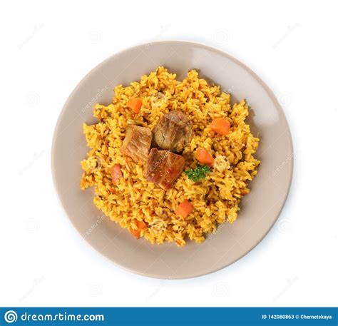 Plate With Rice Pilaf And Meat On White Background Stock Image Image
