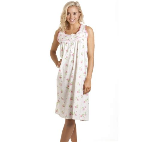 Womens White Sleeveless Pink Floral Print Classic Style Nightdress