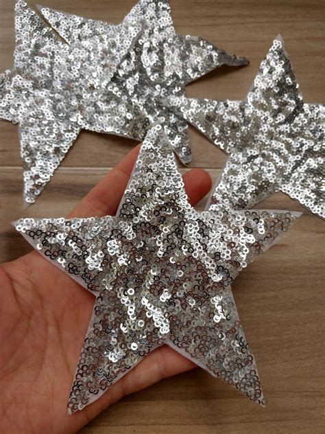 4 Pieces Silver Stars Iron On Sequined Applique Patchsequins Etsy