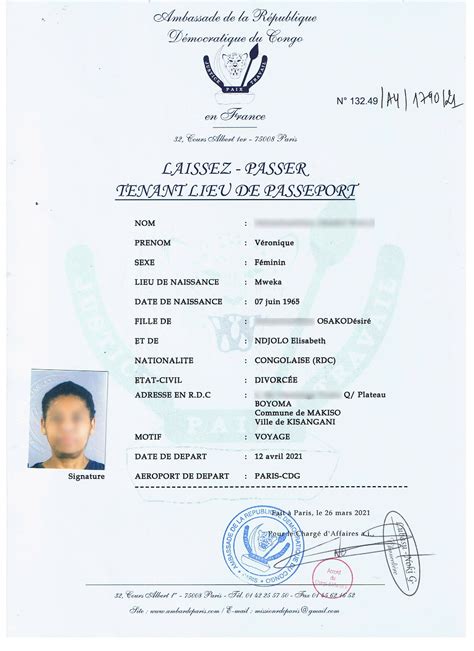 Laissez Passer Tenant Lieu De Passeport Ambassade Rdc