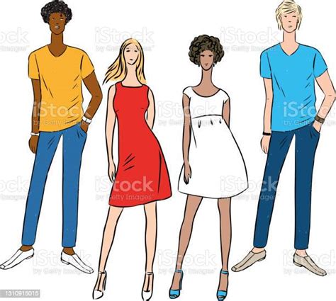 Vector Image Of Group Young Slim People In Summer Clothing Stock