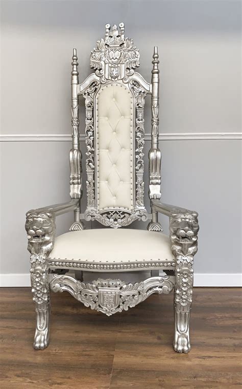 Throne Chair Silver Frame Lion King Upholstered In White Faux