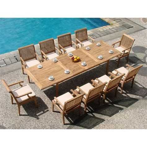 teak dining set 10 seater 11 pc 117 double extension rectangle table and 10 sack arm chairs