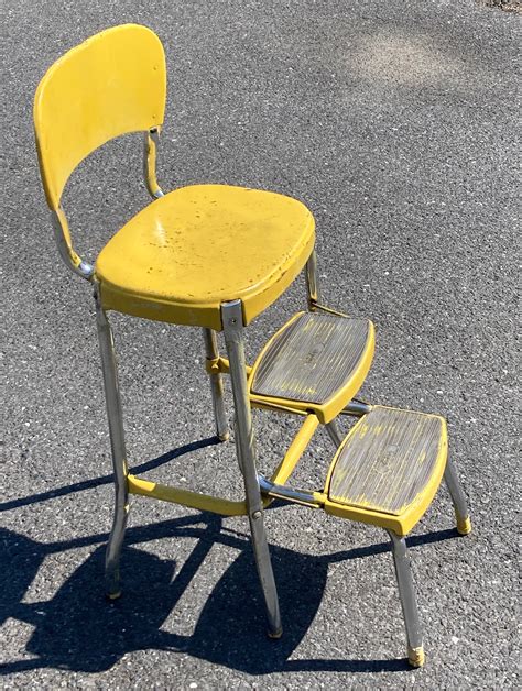 1950s Yellow Cosco Stylaire Metal Step Stool Chair With Pull Out Steps