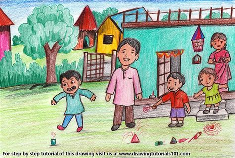 You can edit any of drawings via our online image editor before downloading. Diwali Scene Colored Pencils - Drawing Diwali Scene with Color Pencils : DrawingTutorials101.com