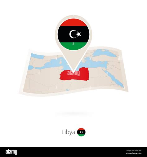 Folded Paper Map Of Libya With Flag Pin Of Libya Vector Illustration