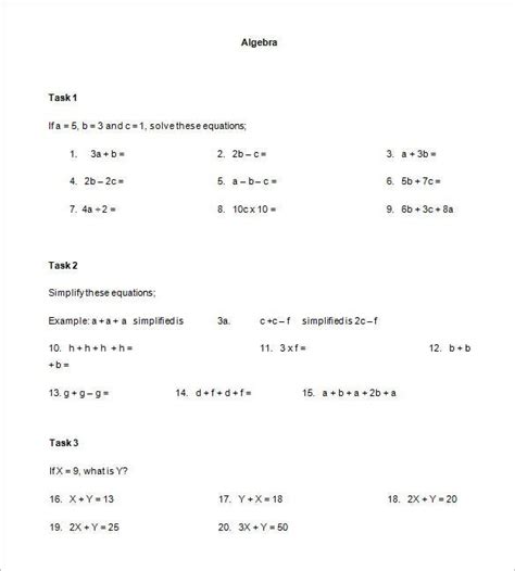 simple algebra worksheet templates word   premium