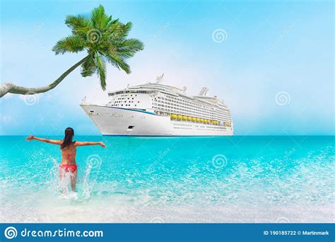 Cruise Ship Caribbean Vacation Travel Beach Woman In Holiday Tropical Destination With Palm Tree